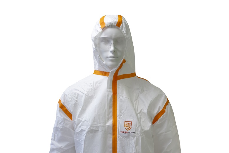 Technosafety wegwerp overall, Cat III, Type 4/5/6, Wit met oranje seal, Anti-statisch, Maat S