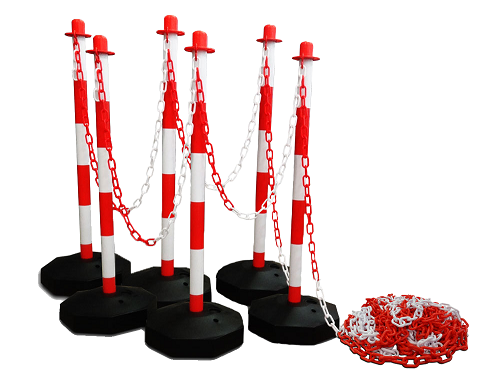 Afzetpalen (10 stuk) met 44m. ketting Rood/Wit, incl. voetstukken